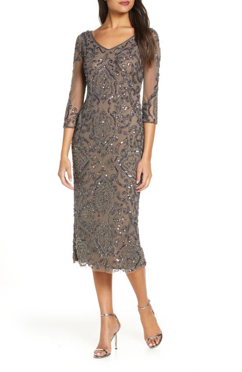 Pisarro Nights Sequin & Beaded Cocktail Sheath Dress in Mocha 