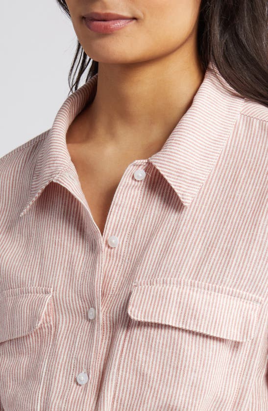 Shop Caslon (r) Stripe Long Sleeve Linen Blend Romper In Pink- Ivory Leah Stripe