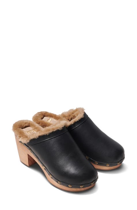 Black Clogs Women Flat Swedish Clogs Leather Casual Comfort 