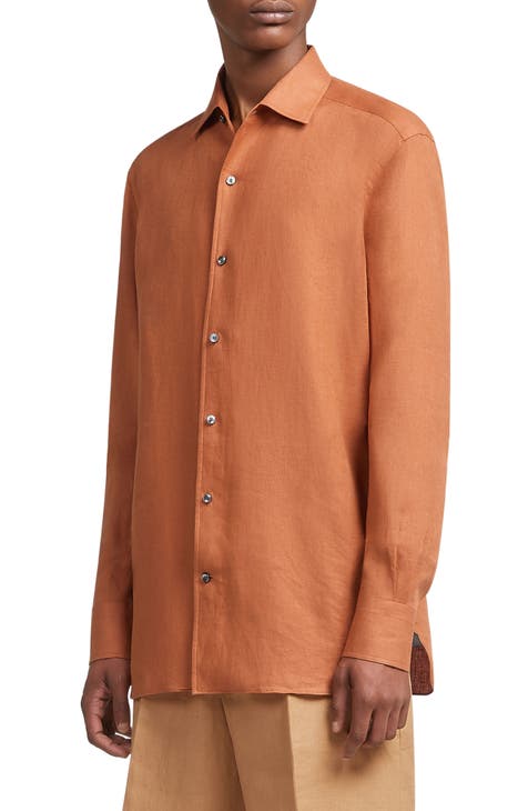 Orange Men'S Cotton Solid Button Down Formal Shirts