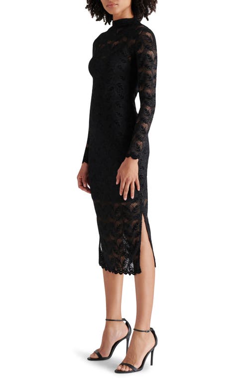 Shop Steve Madden Floral Stretch Lace Long Sleeve Body-con Midi Dress In Black