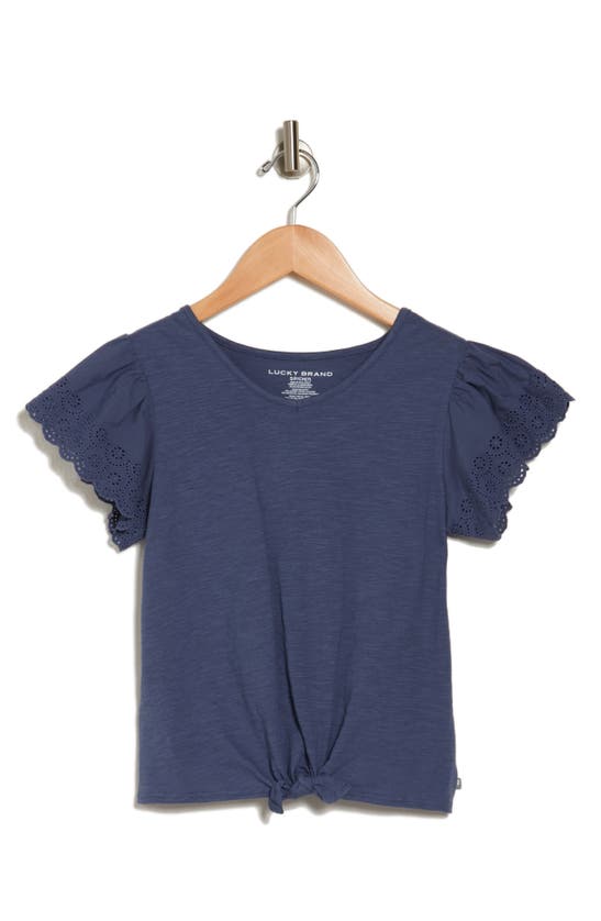 Lucky Brand Kids' Eyelet Sleeve Tie Front Top In Blue