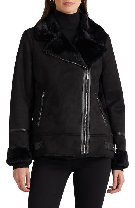 Lauren Ralph Lauren Women's Plus Size Faux-Shearling Moto Jacket Black