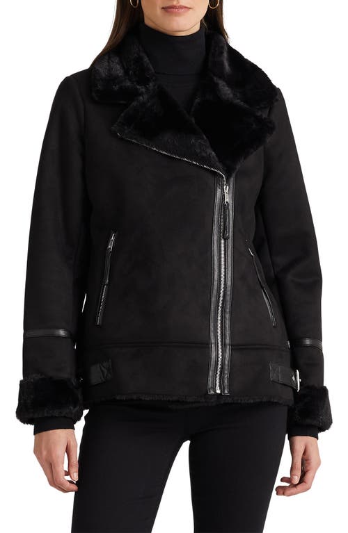 Lauren Ralph Faux Shearling & Leather Moto Jacket Black at Nordstrom,