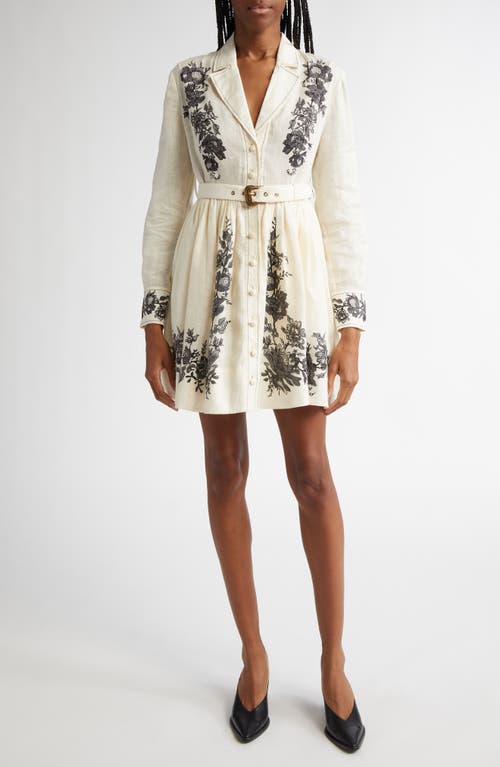 Zimmermann Floral Embroidered Belted Long Sleeve Linen Shirtdress In Cream Floral