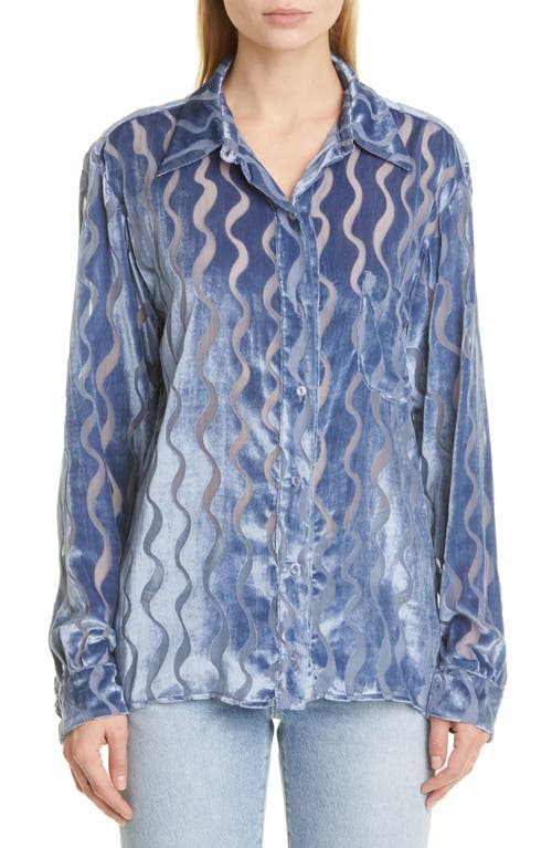 Collina Strada Mariposa Floral Print Button-Up Shirt in Denim Blue