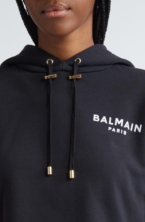 Shop Balmain Flocked Logo Cotton Fleece Crop Hoodie In Eab Black/white