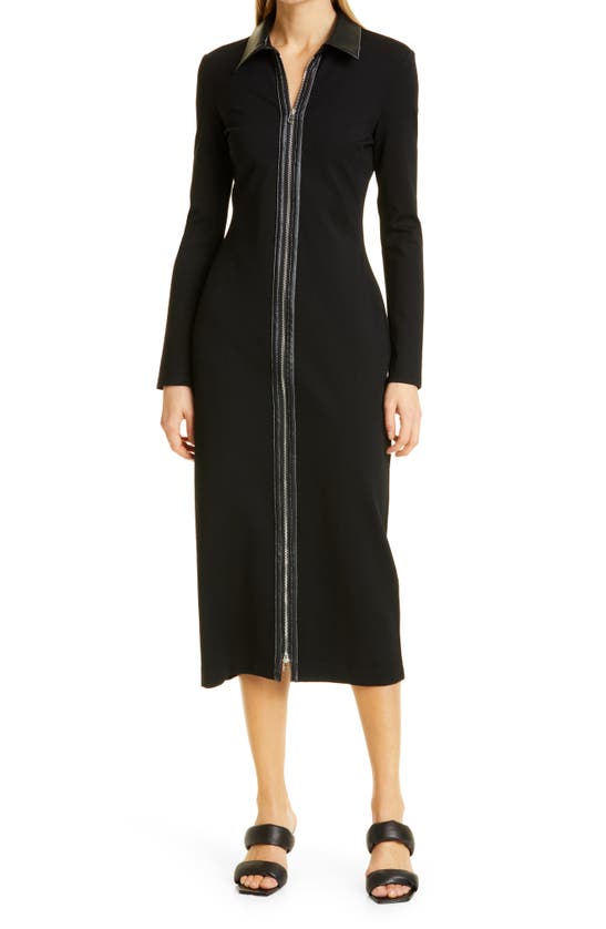 Staud Alfred Faux Leather Accent Long Sleeve Knit Dress In Black/ Black |  ModeSens