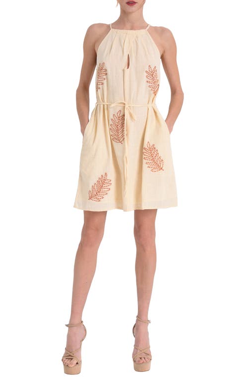 Kai Leaf Embroidery Tie Waist Sleeveless Dress in Cream Multi