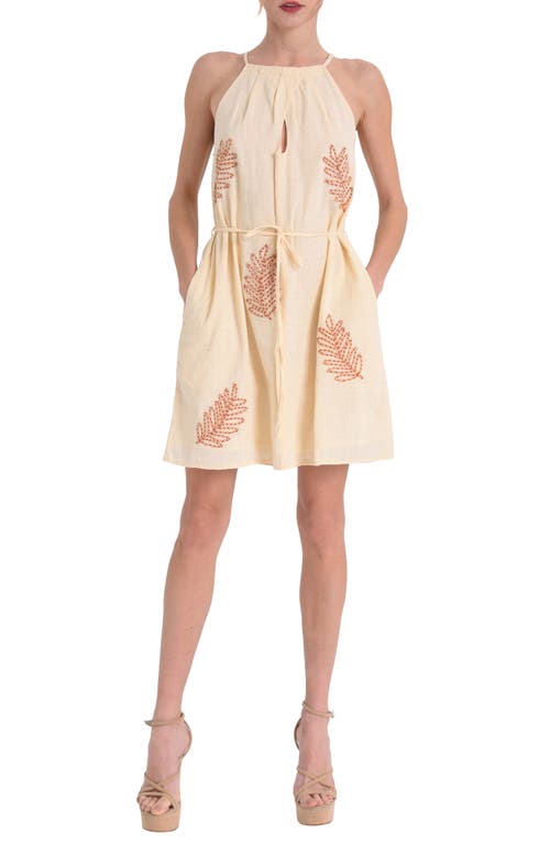 Shop Ciebon Kai Leaf Embroidery Tie Waist Sleeveless Dress In Cream Multi