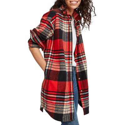 Scotch & Soda Plaid Oversize Brushed Cotton Flannel Shirt, Red