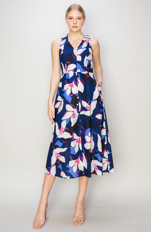 Shop Melloday Floral Sleeveless Midi Shirtdress In Navy Print