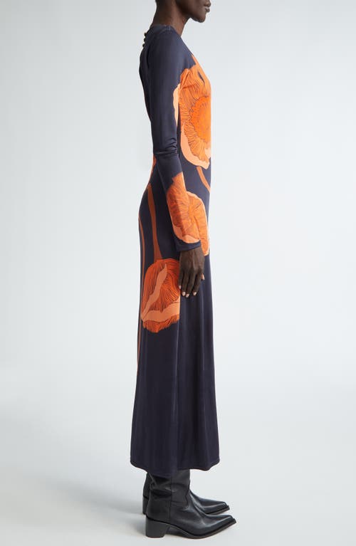 Shop Johanna Ortiz Colorful Allegory Long Sleeve Stretch Satin Midi Dress In Papaver Somniferum/navy