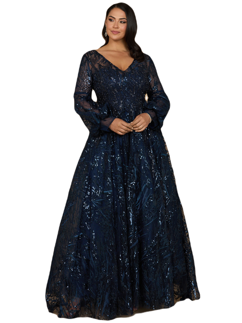 Lara New York V Neckline Long Sleeve Gown In Navy