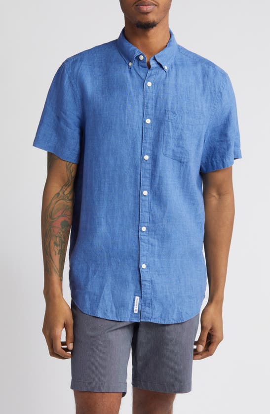 Shop Original Penguin Delave Short Sleeve Linen Button-up Shirt In Star Sapphire