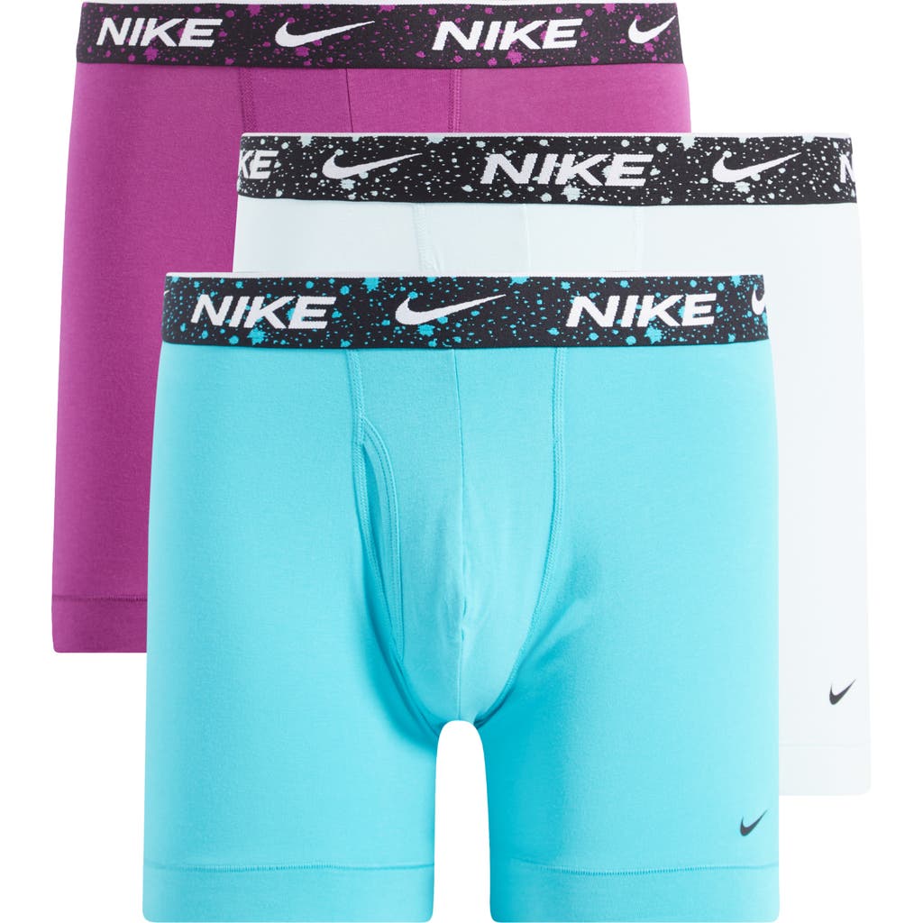 Shop Nike Dri-fit Essential Assorted 3-pack Stretch Cotton Boxer Briefs In Glacier Blue/cactus/viotech