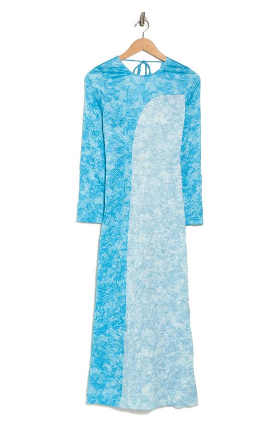 Shop Ganni Crinkled Long Sleeve Satin Maxi Dress In Ethereal Blue