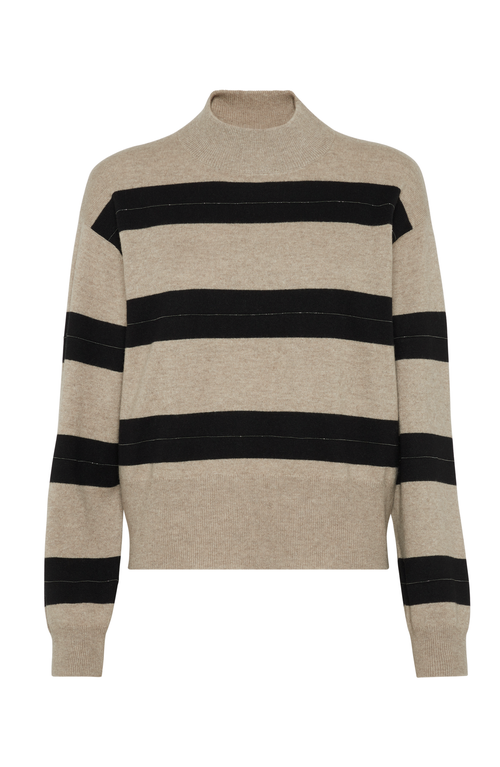 Shop Brunello Cucinelli Mock Neck Sweater With Monili In Brown