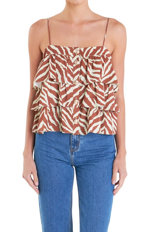 English Factory Zebra Print Tiered Button-up Camisole In Brown Multi