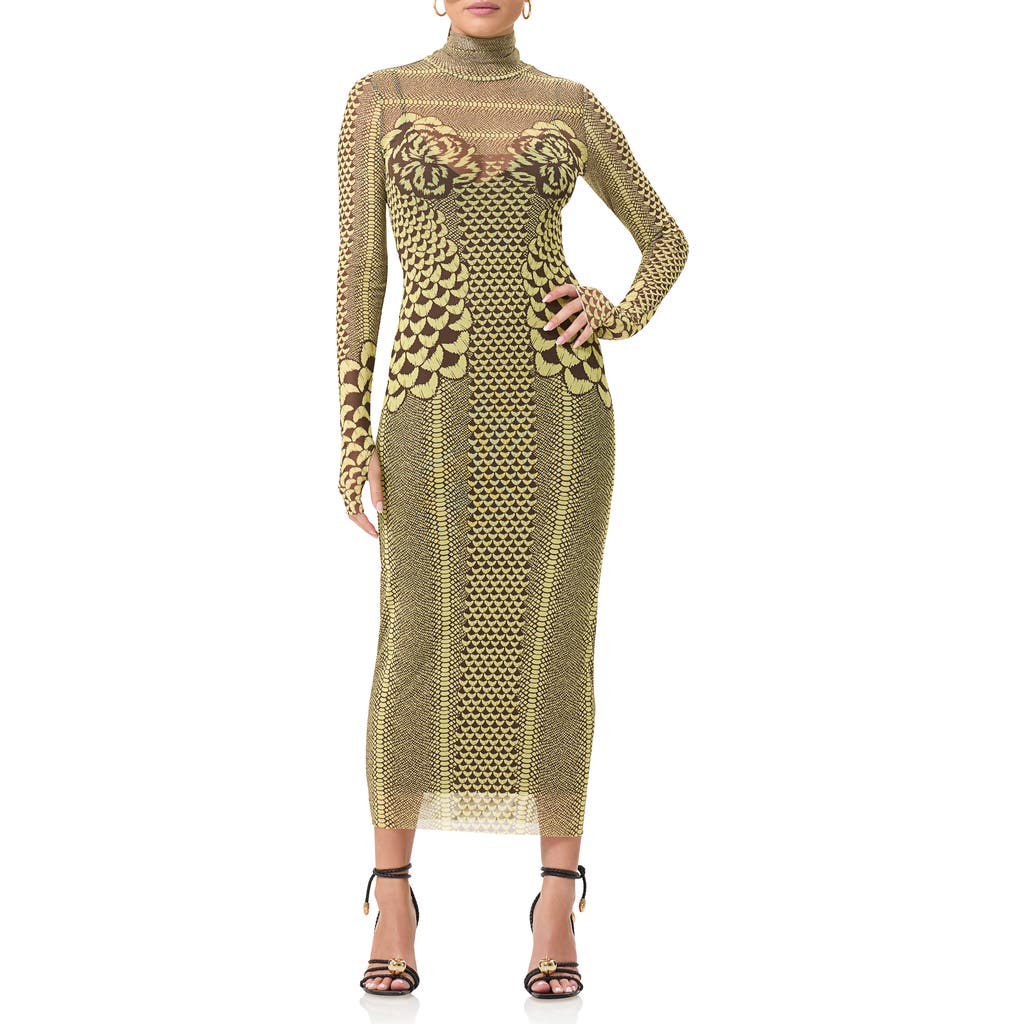 Afrm Shailene Long Sleeve Turtleneck Mesh Dress In Butter Petals