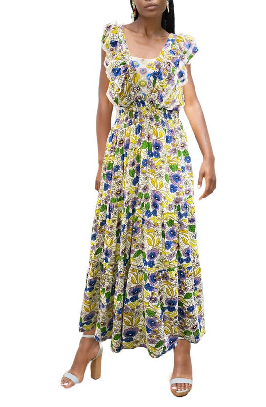 Barok Paris Floral Print Ruffle Dress In White