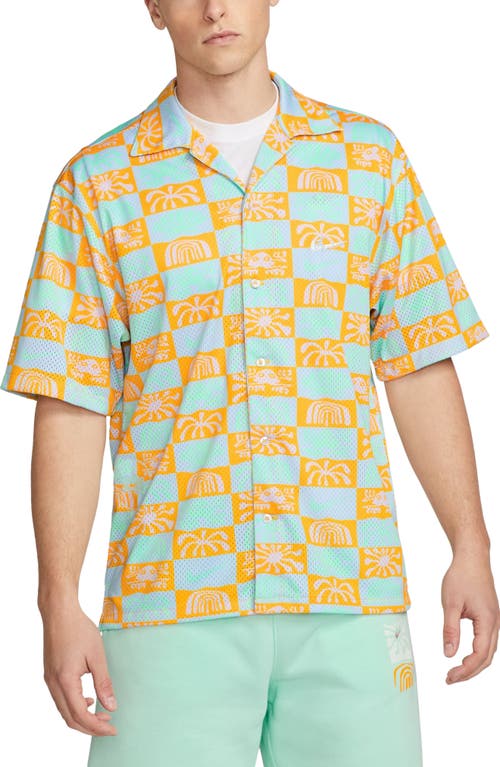 Nike Spring Break Standard Fit Mesh Short Sleeve Button-up Camp Shirt In Gold