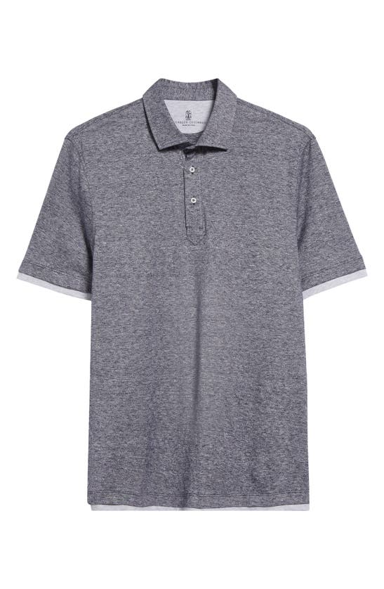 Shop Brunello Cucinelli Contrast Trim Linen & Cotton Polo In Navy/ Grigio Chiaro