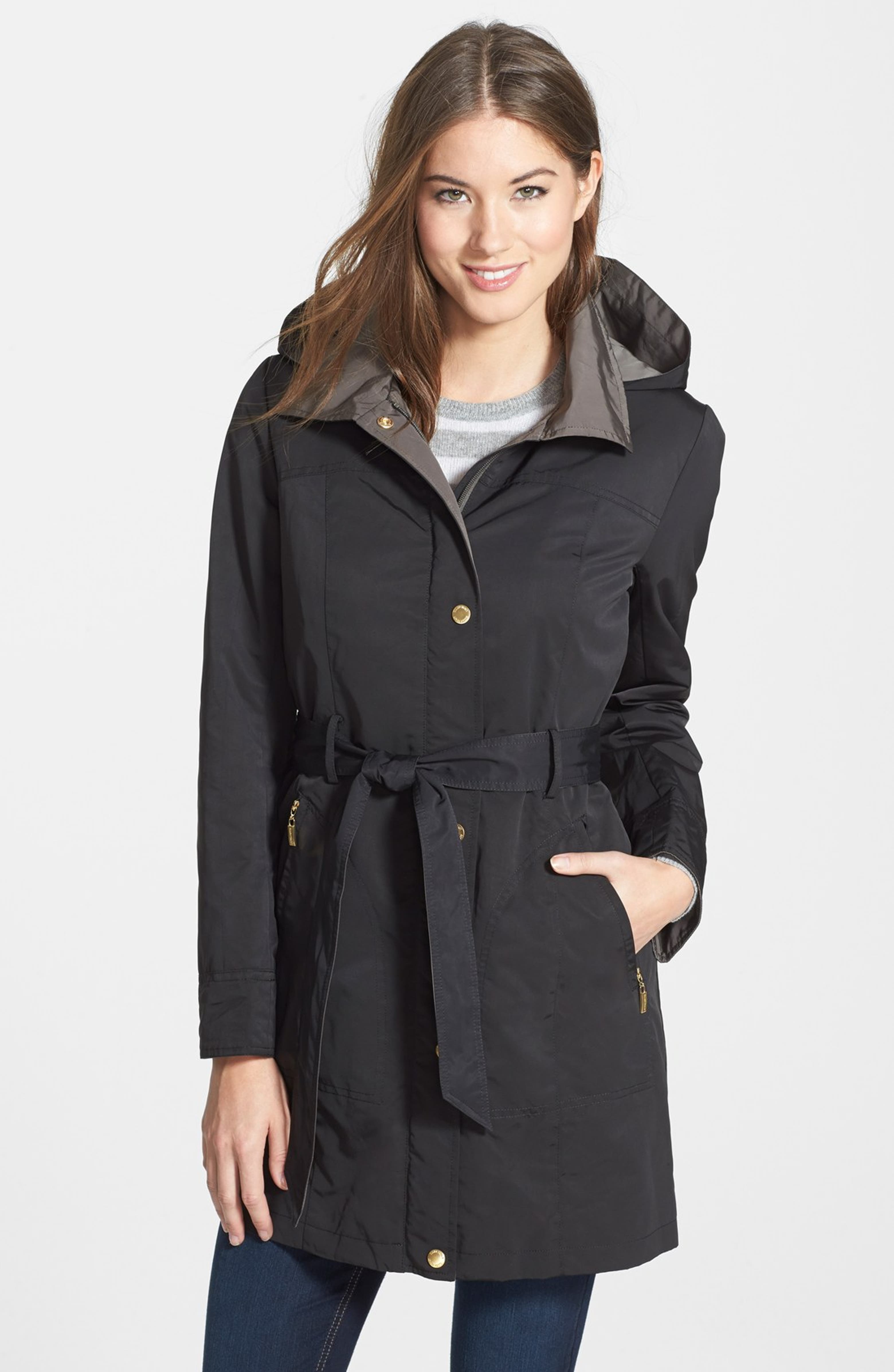 Ellen Tracy Two-Tone Belted Raincoat with Detachable Hood & Liner ...