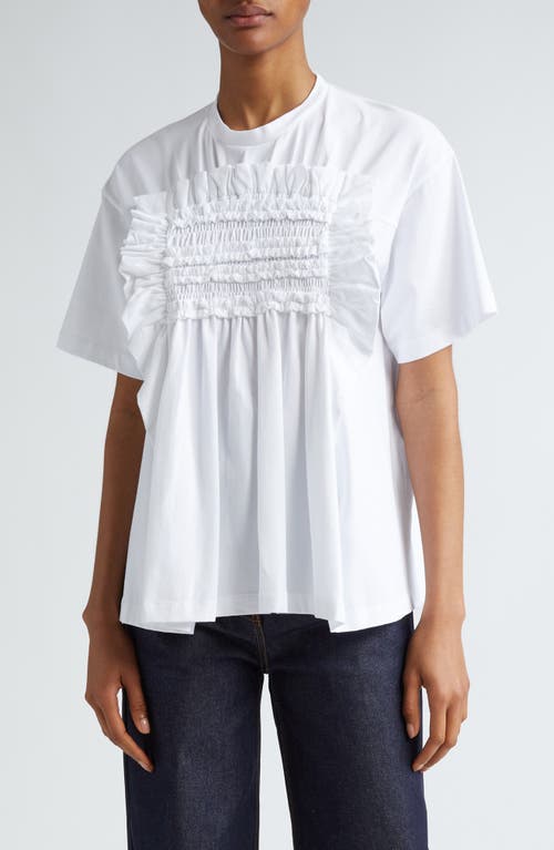 Goldie Smocked Ruffle Stretch Cotton T-Shirt in White