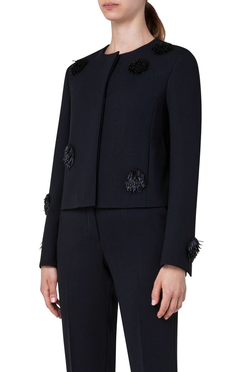 Wool Blend Crepe Crop Jacket with Beaded Tassel Dots