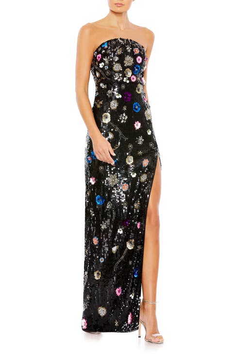 Floral Sequin Strapless Column Gown