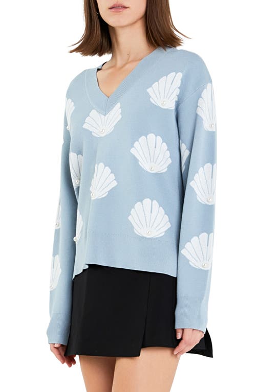 English Factory Shell Motif Sweater In Sky Blue/white