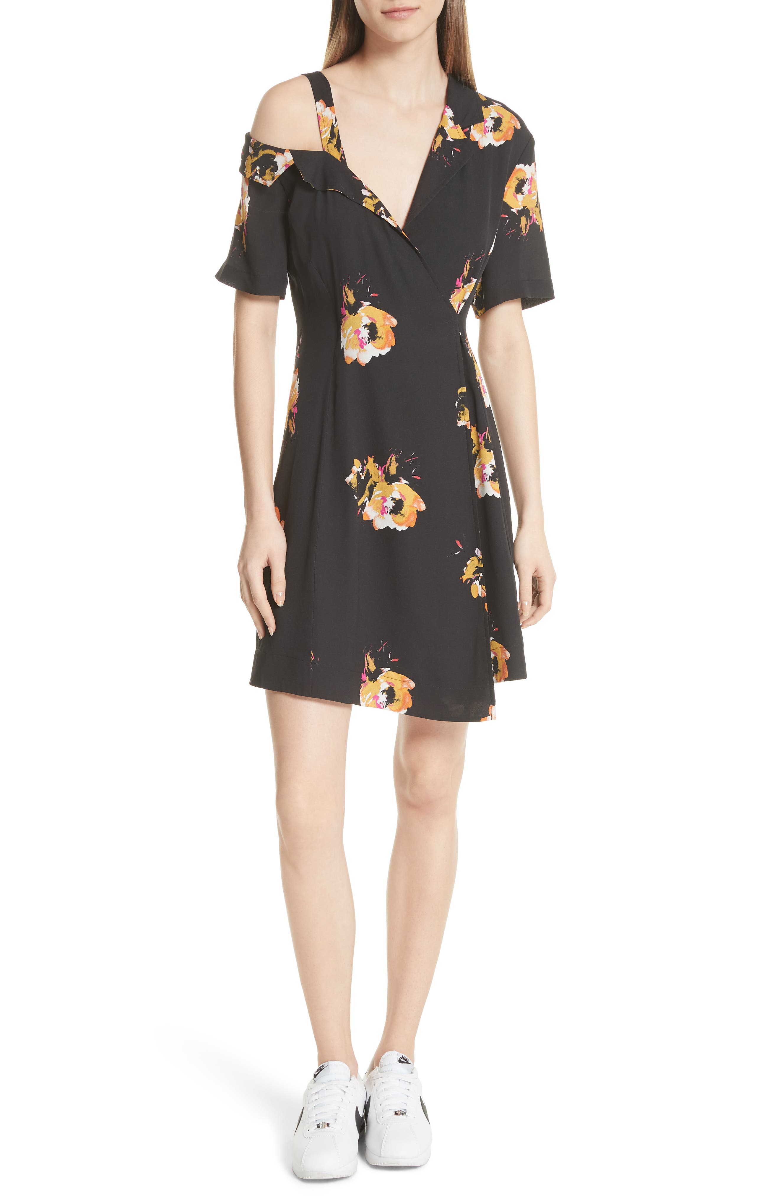 A.l.c Lucia Floral Print Silk Cold Shoulder Dress In Charcoal