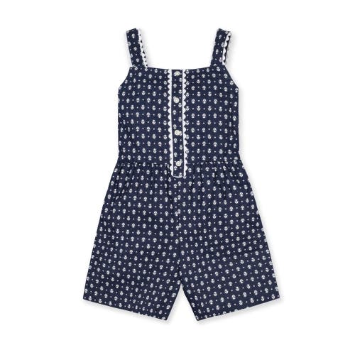 Hope & Henry Girls' Scallop Trim Button Front Linen Romper, Toddler in Navy Riviera Print at Nordstrom