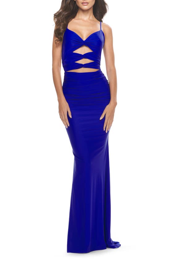 La Femme Cutout Jersey Gown In Royal Blue