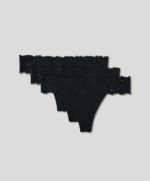 Pact Organic Cotton Lace Waist Thong 3-pack In Black