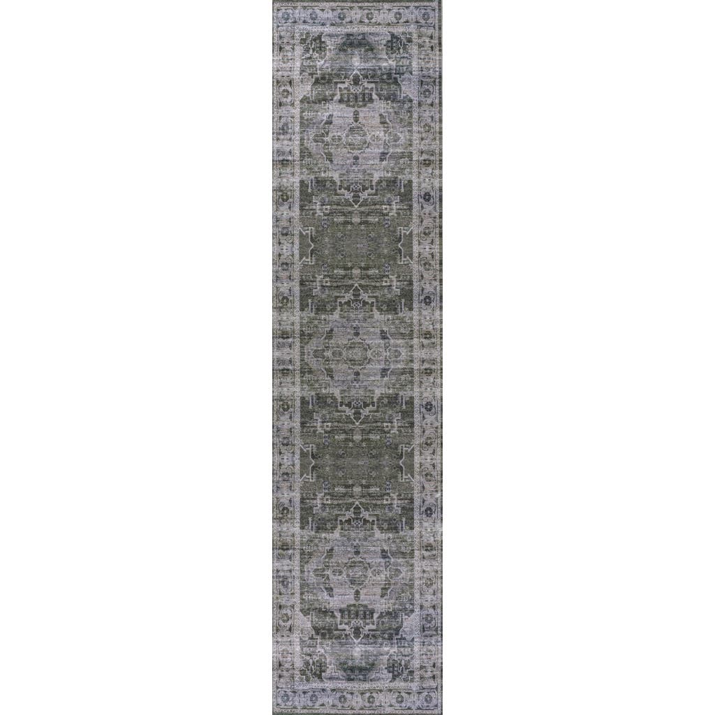 Jonathan Y Alanya Ornate Medallion Machine-washable Area Rug In Dark Green/gray