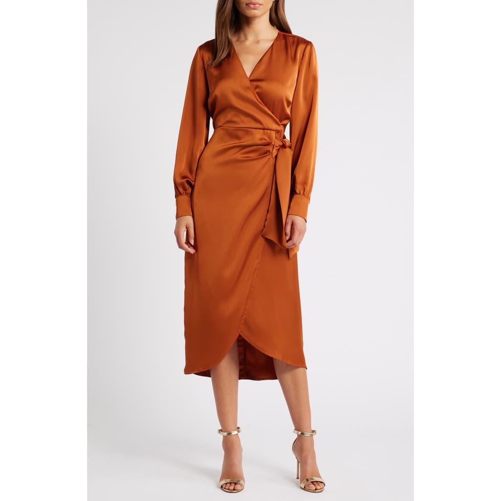 SAM EDELMAN SAM EDELMAN FLUID LONG SLEEVE SATIN FAUX WRAP MIDI DRESS
