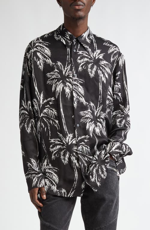 Shop Balmain Palm Print Satin Button-up Shirt In Black/white