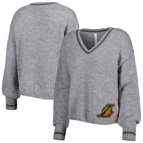 Women's Lusso Gray Los Angeles Lakers Scarletts Lantern Sleeve Tri-Blend V-Neck Pullover Sweater