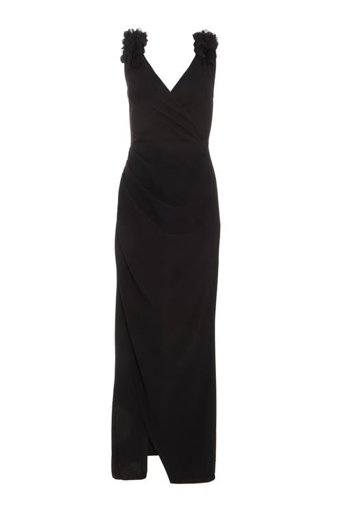 Quiz Scuba Crepe Strap Trim Ruched Maxi Dress In Black