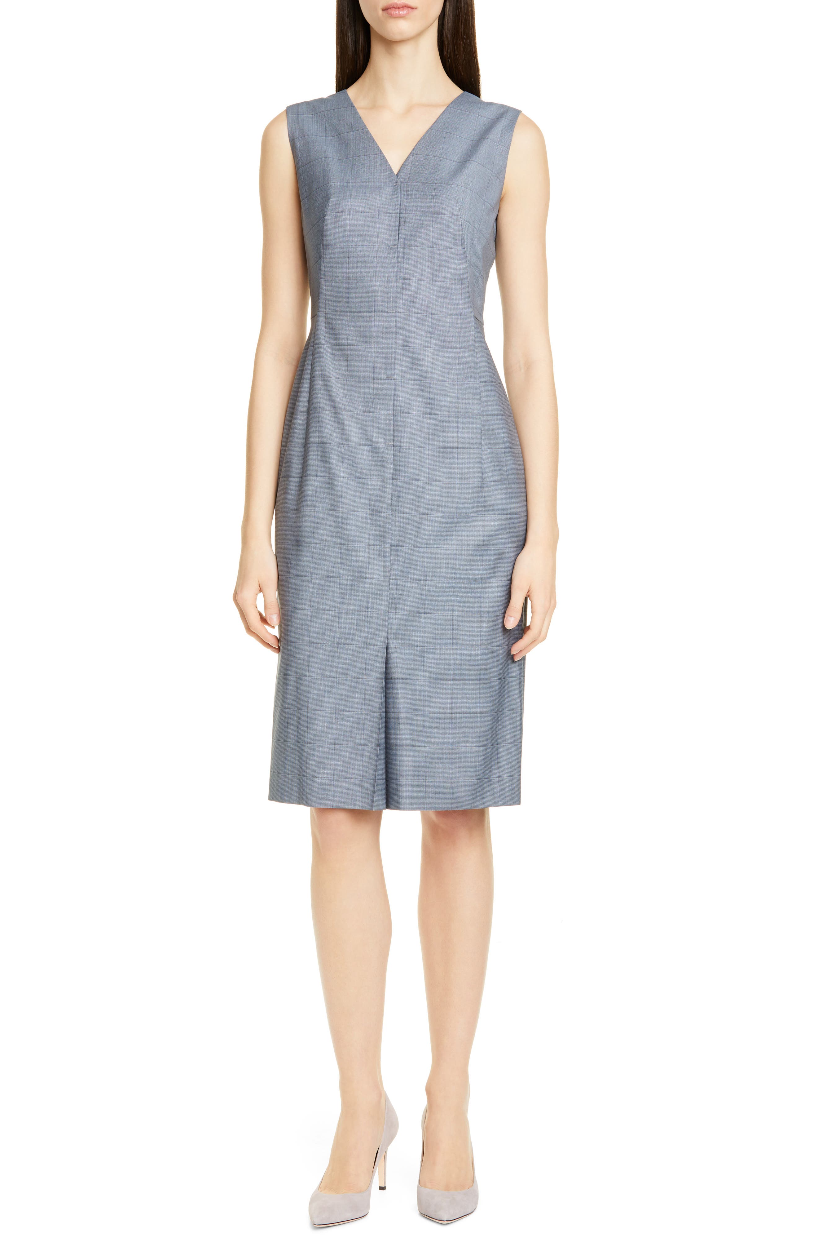 Boss Dalanis Windowpane Plaid Wool & Silk Sheath Dress, Blue