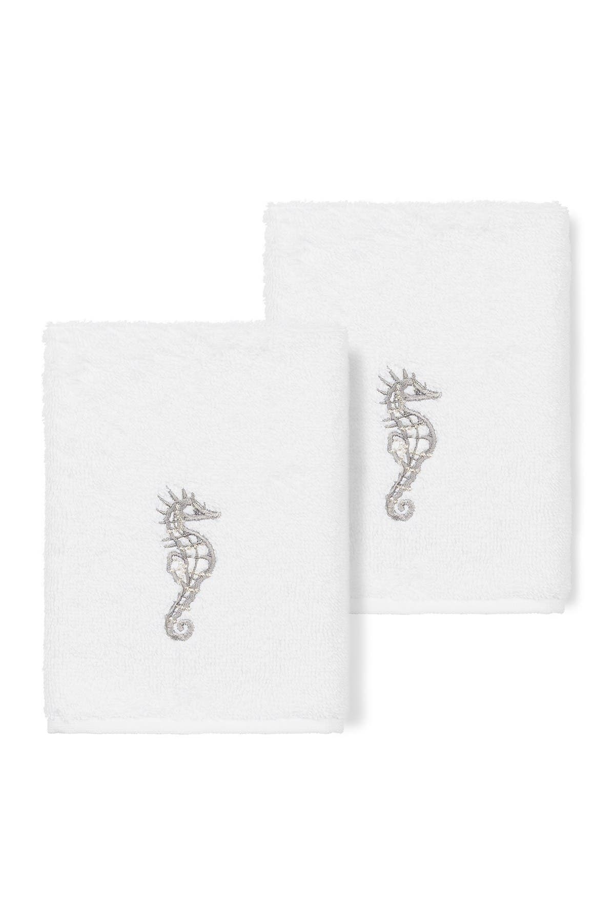 Linum Home White/gray Sofia Embellished Washcloth In Open White