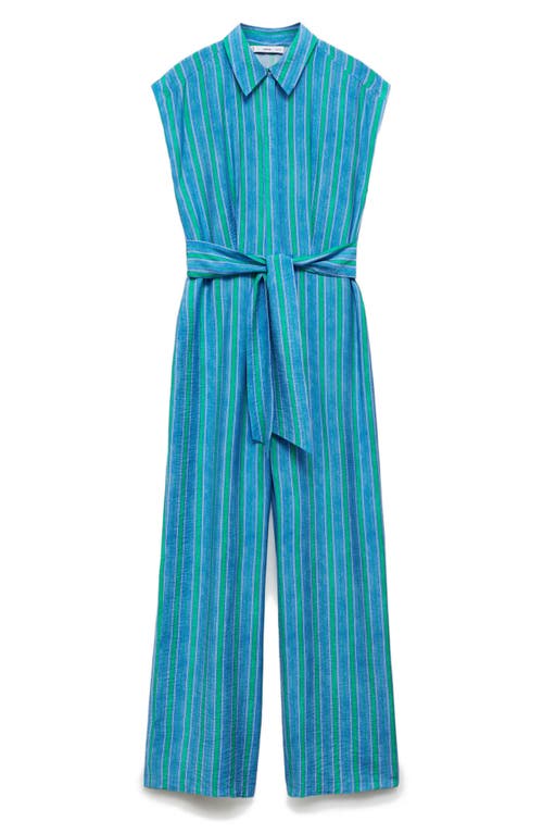 Shop Mango Moraima Belted Stripe Jumpsuit In Blue