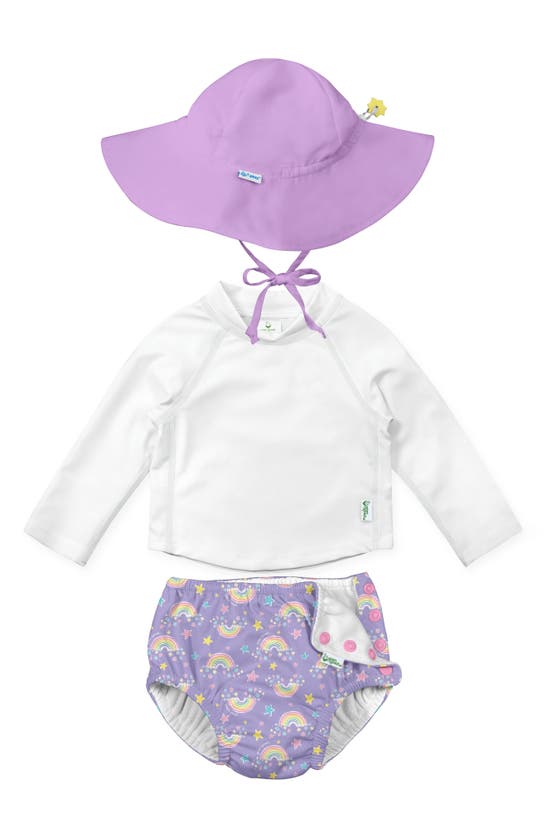Green Sprouts Babies' Sun Hat, Long Sleeve Rashguard & Reusable Swim Diaper Set In Violet Rainbows