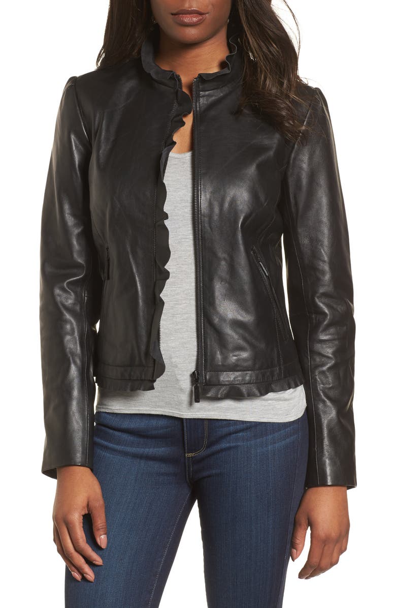 Halogen® Ruffle Trim Leather Jacket | Nordstrom