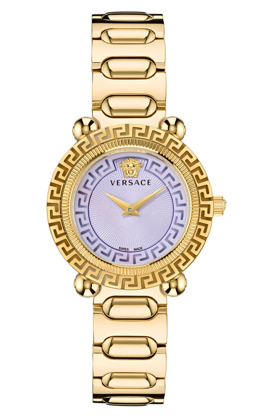 Versace 35mm Greca Twist Watch With Bracelet Strap, Yellow Gold/purple In Purple/gold