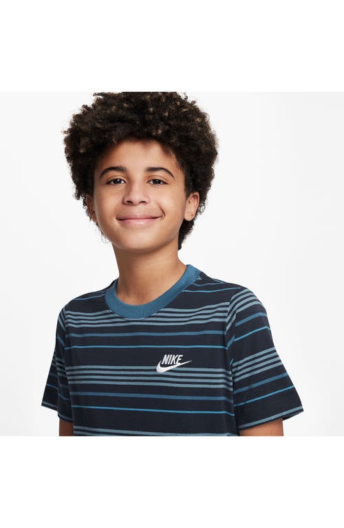 Shop Nike Kids' Sportswear Stripe Cotton Logo T-shirt In Obsidian/industrial Blue