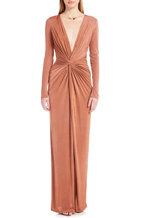 In a Mood Ruched Cutout Long Sleeve Gown