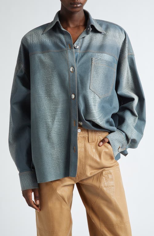 Oversize Trompe l'Oeil Denim Effect Leather Button-Up Shirt in Washed Denim